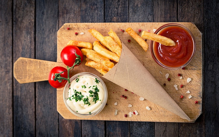 Batatas fritas, tomate, comida, vista superior, ketchup, HD papel de parede