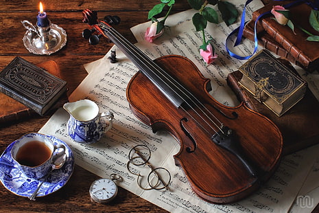 note, tè, violino, orologio, libri, rose, latte, bicchieri, natura morta, Sfondo HD HD wallpaper