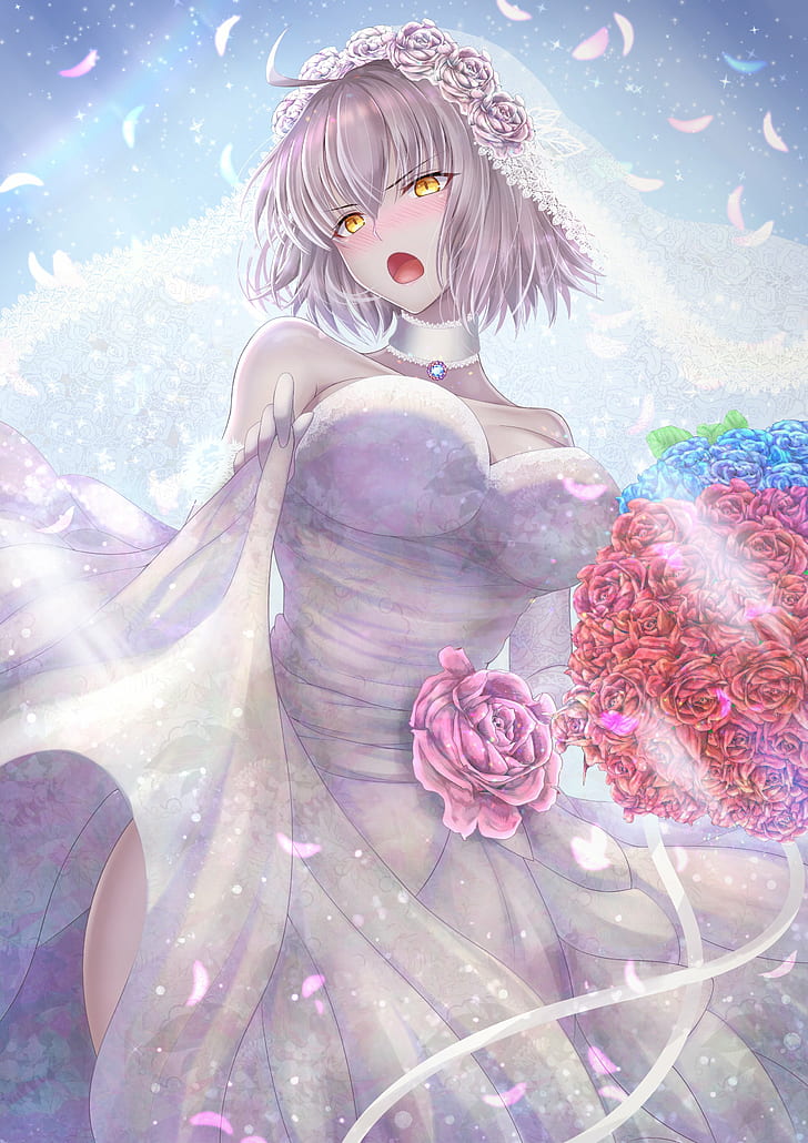 Fate / Grand Order, Jeanne (Alter) (Fate / Grand Order), 애니메이션, 애니메이션 소녀들, 웨딩 드레스, 꽃, HD 배경 화면, 핸드폰 배경화면