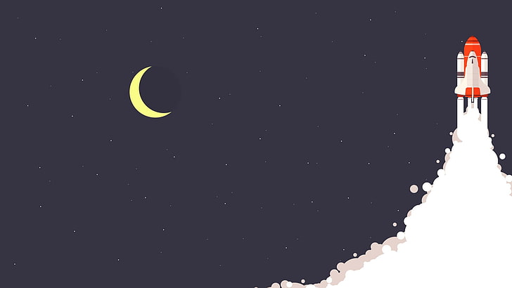 иллюстрация космического челнока, ракета, луна, космос, звезды, вселенная, минимализм, ночь, HD обои