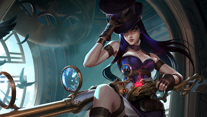 League of Legends, Caitlyn (League of Legends), PC gaming, blue hair, hat, fantasy girl, HD wallpaper