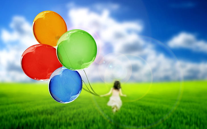 Happy Woman Running, Happy Woman, balloons, landscape, HD wallpaper
