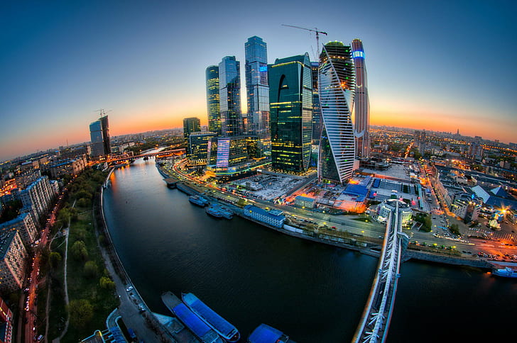 Moscow Tower, Moscow, Moscow City, Moscow River, Tower 2000, bridge Bagration, Mercury City Tower, evolution, Federation, OKO, Eurasia Capital City, Embankment Tower, Sunset, HD tapet