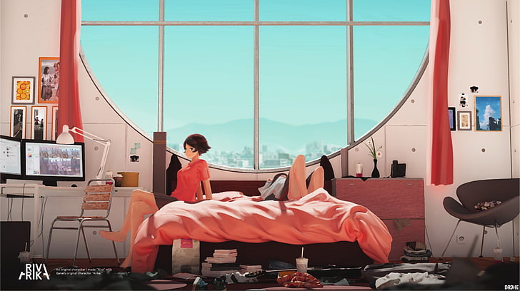 gadis anime, Bersantai, karakter asli, kamar tidur, jendela, tersenyum, Wallpaper HD