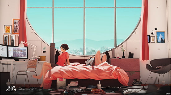 anime kızlar, Chill Out, orijinal karakterler, yatak odası, pencere, gülümseyen, HD masaüstü duvar kağıdı HD wallpaper