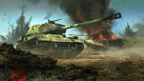 tanque de batalla de camuflaje verde y amarillo, batalla, The is-2, King tiger, Tiger II, Royal tiger, tanque pesado soviético, tanque pesado alemán, trueno de guerra, trueno de guerra, Panzerkampfwagen VI Ausf.B H, Fondo de pantalla HD HD wallpaper