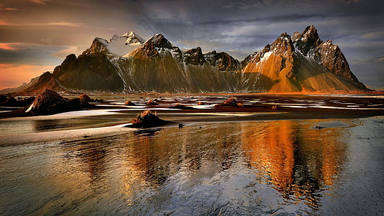 fjord, eystrahorn, brunnhorn, Islande, horizon, crête, coucher de soleil, reflet, aube, soirée, paysage, matin, montagne, eau, ciel, nature, Fond d'écran HD HD wallpaper