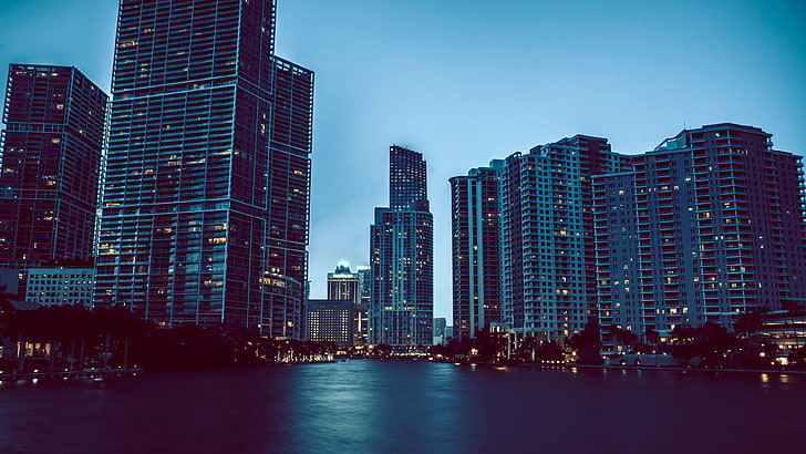 Маями, небостъргачи, нощ, градски пейзаж, САЩ, HD тапет