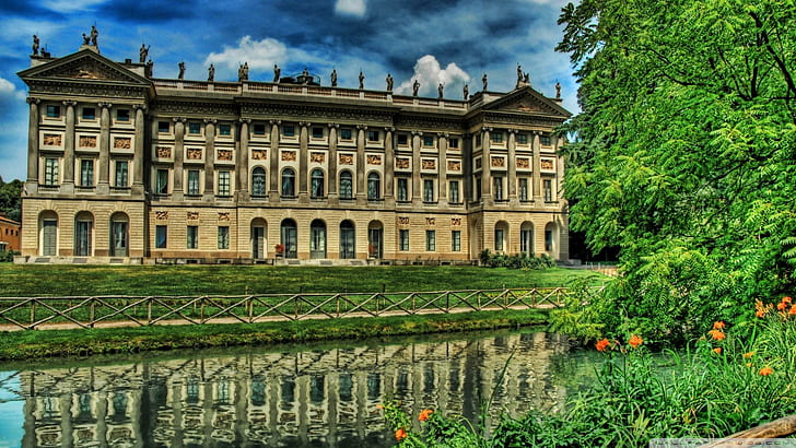 Castle In Milan Italy Hdr, brown and gray house surrounded by grass painting, trees, castle, stream, flowers, nature and landscapes, HD wallpaper