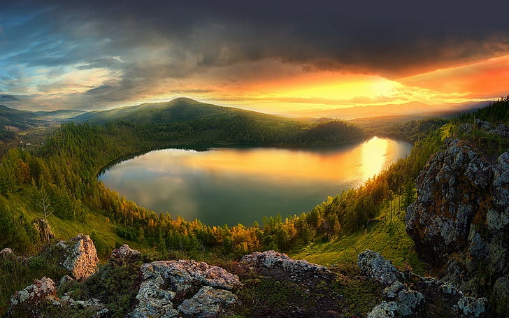 ธรรมชาติภูมิทัศน์พระอาทิตย์ตกทะเลสาบภูเขาท้องฟ้าป่าเมฆจีนต้นไม้, วอลล์เปเปอร์ HD