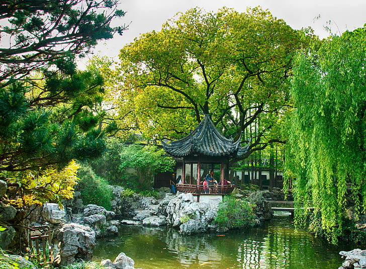 trees, pond, Park, stones, garden, China, Shanghai, the bridge, gazebo, HD wallpaper