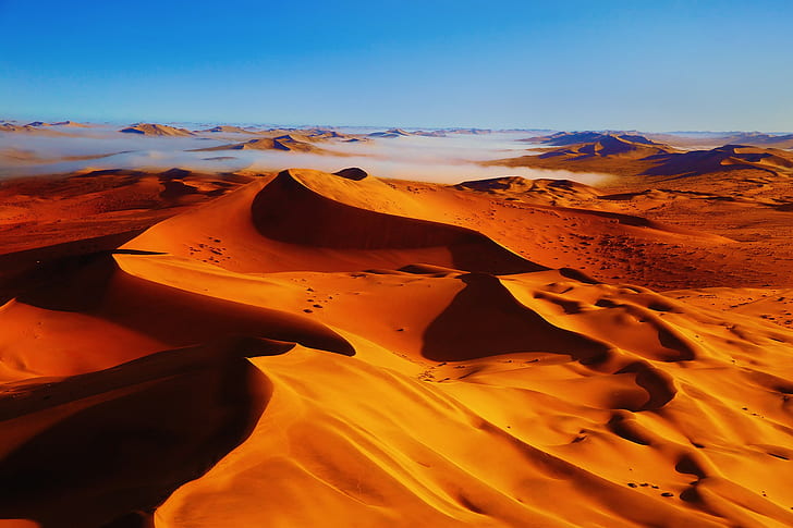 Nevoeiro no deserto, deserto, nevoeiro, dunas de areia, céu, HD papel de parede