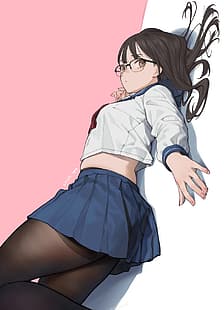  anime girls, pantyhose, uniform, skirt, lying down, glasses, long hair, brunette, HD wallpaper HD wallpaper