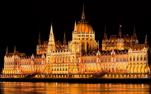 Hungary, Budapest, Hungarian Parliament Building, architecture, lights, building, night, water, HD wallpaper HD wallpaper