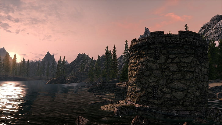 sunset video games mountains landscapes ruins outdoors lakes the elder scrolls v skyrim 1920x108 Nature Lakes HD Art , sunset, Video Games, HD wallpaper