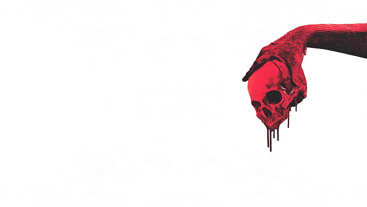 hand holding bleeding skull graphic wallpaper, skull, blood, white, hands, minimalism, red, HD wallpaper