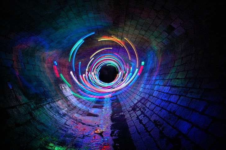 сини и зелени тунелни тапети, дълго изложение, канализация, светлинна живопис, тунел, дигитално изкуство, стена, форми, светлини, цветни, HD тапет