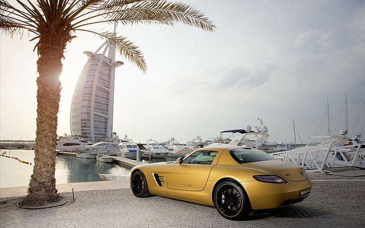 CarCars, 1920x1200, Burj Al Arab, dubai, emirat arab bersatu, UEA, asia, Mercedes-Benz SLS AMG, mercedes-benz, AMG, Wallpaper HD