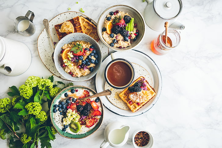 waffle with fruit, breakfast, porridge, waffles, fruit, HD wallpaper