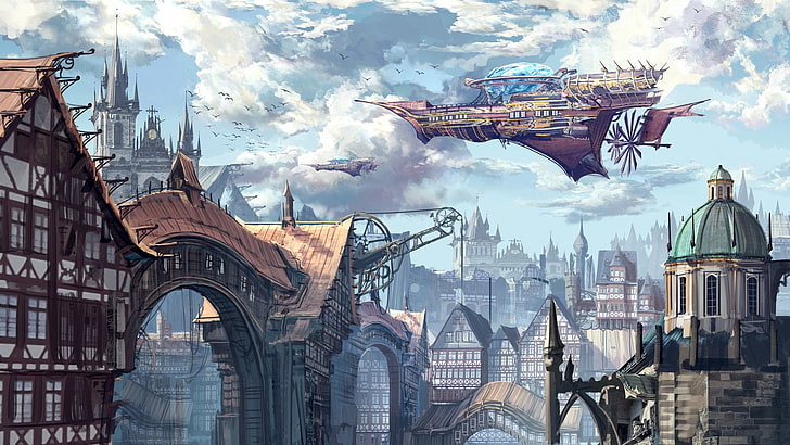 Science-Fiction, Steampunk, Gebäude, Stadt, Wolke, Haus, Himmel, Fahrzeug, HD-Hintergrundbild
