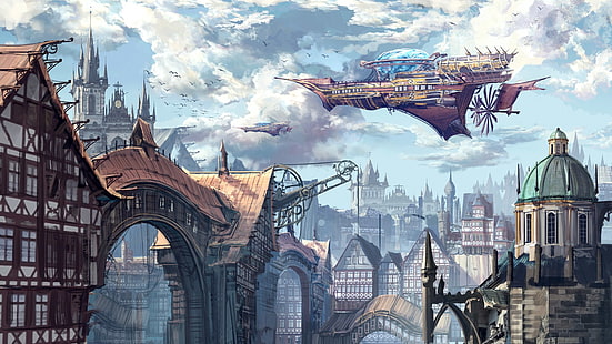 Sci Fi, Steampunk, Building, City, Cloud, House, Sky, Vehicle, HD тапет HD wallpaper