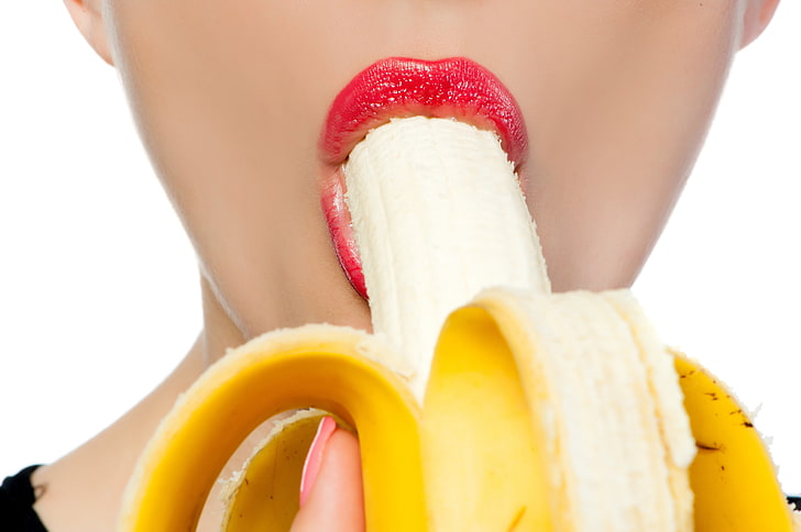 бананов плод, жена, плодове, устни, банан, HD тапет