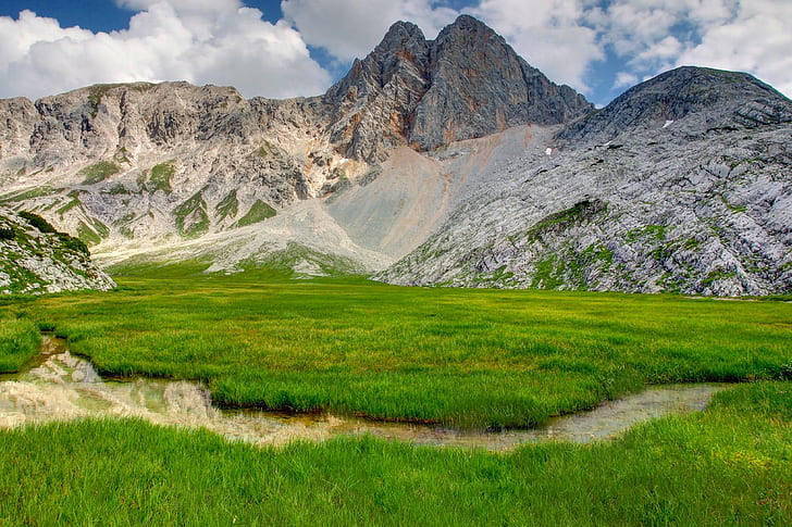Mountain ground, mountain ground, mountains, grass, Nature, cane, stream, sky, clouds, photo, HD wallpaper
