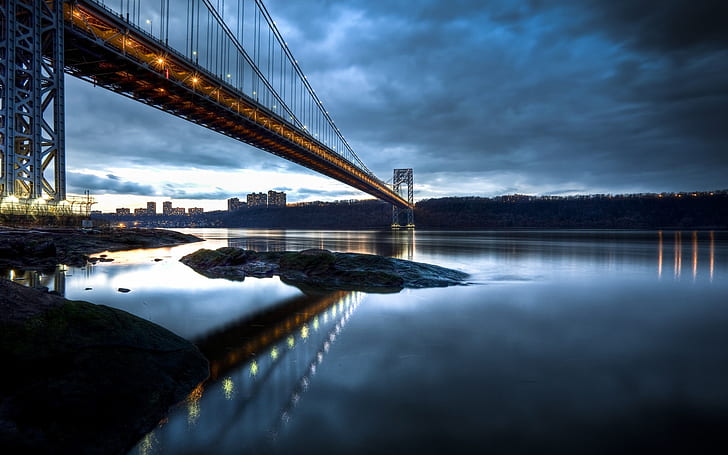 George Washington Köprüsü, New Jersey, Manhattan, Hudson Nehri, akşam, George Washington, Köprü, New, Jersey, Manhattan, Hudson, Nehir, Akşam, HD masaüstü duvar kağıdı