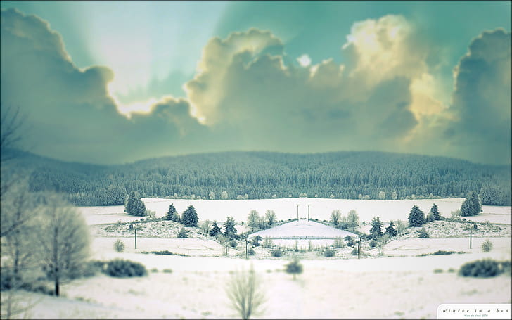 傾斜シフト雲冬の雪の風景の森HD、自然、風景、雲、雪、森、冬、シフト、傾斜、 HDデスクトップの壁紙
