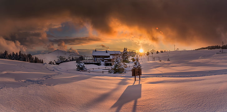 коричневый деревянный дом, пейзаж, небо, природа, зима, снег, HD обои