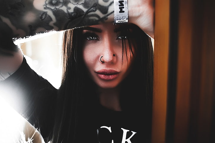 women, tattoo, Calvin Klein, nose rings, pierced nose, HD wallpaper