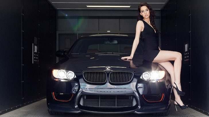 black BMW car, Women, Girls & Cars, HD wallpaper