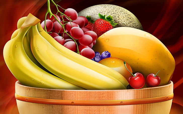 Cesta de frutas, comida, bananas, cerejas, uvas, morangos, HD papel de parede