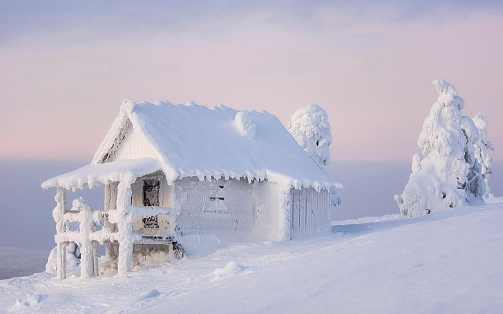 snow covered house, winter, snow, cabin, ice, HD wallpaper