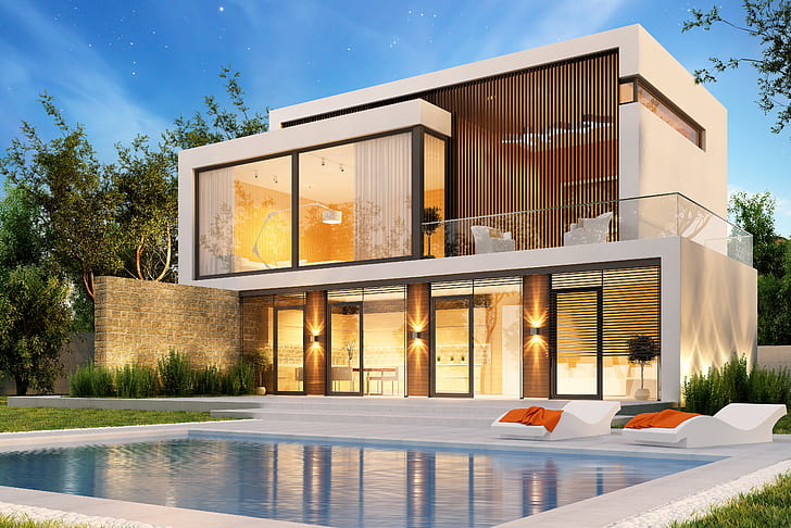 trees, design, house, lawn, pool, modern, houses, villa, luxury, HD wallpaper