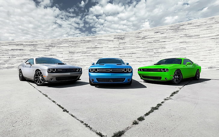Dodge, Dodge Challenger, суперкар, мускул кар, Dodge Challenger R / T, серебристые автомобили, облака, синие автомобили, зеленые автомобили, HD обои