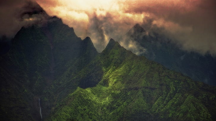 manzara, doğa, bulutlar, dağlar, dere, yeşil, Kauai, zirve, HD masaüstü duvar kağıdı
