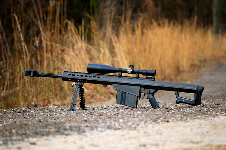 fusil de sniper noir, herbe, gravier, fusil, tireur d’élite, auto-chargeant, lourd, Barrett M82, Fond d'écran HD