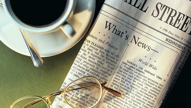 Coffee cup next to morning paper, news paper article and brass frame eyeglass, photography, 1920x1080, coffee, newspaper, HD wallpaper