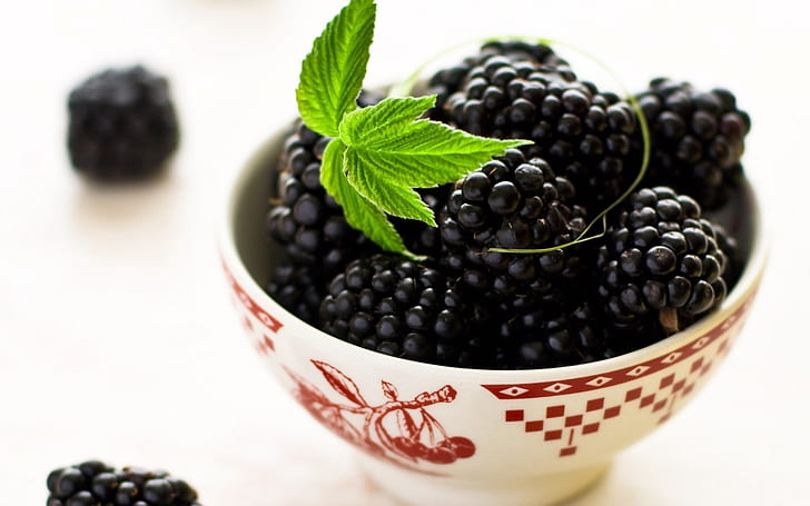 blackberry, leaves, bowl, HD wallpaper