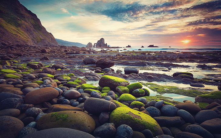batu batu abu-abu, Bumi, Garis Pantai, Wallpaper HD