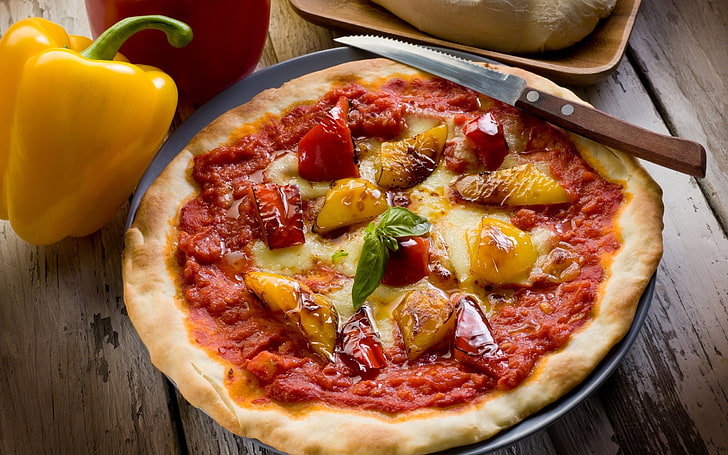 pizza pie, pizza, cutter, teig, käse, paprika, pizzagericht, bulgarisch, HD-Hintergrundbild