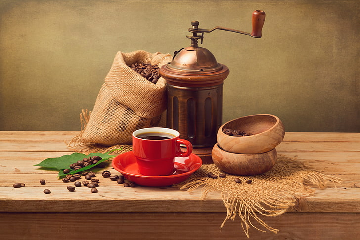 brass manual coffee grinder, leaves, coffee, grain, Cup, red, saucer, pouch, coffee grinder, HD wallpaper