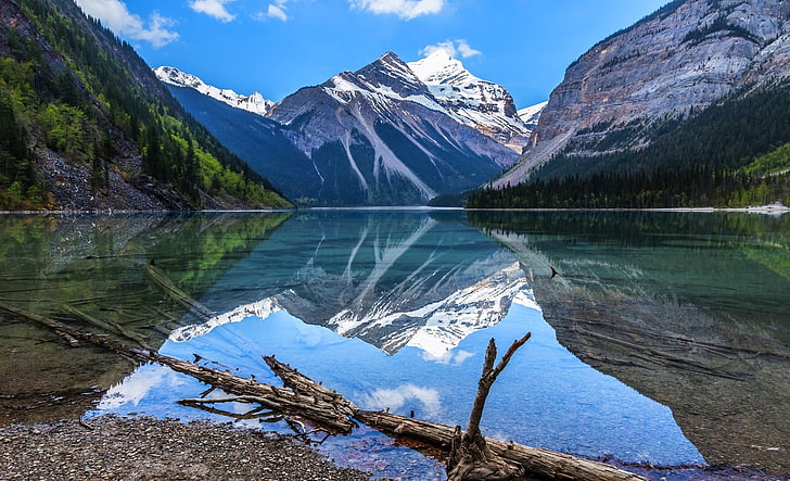 lago calmo, natureza, paisagem, lago, montanhas, Colúmbia Britânica, Canadá, floresta, reflexão, água, primavera, pico nevado, HD papel de parede
