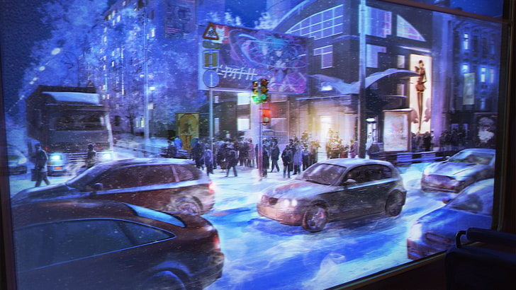 Autos auf der Straße neben einer Gruppe von Menschen und Gebäude Malerei, Everlasting Summer, Auto, Winter, Schnee, HD-Hintergrundbild