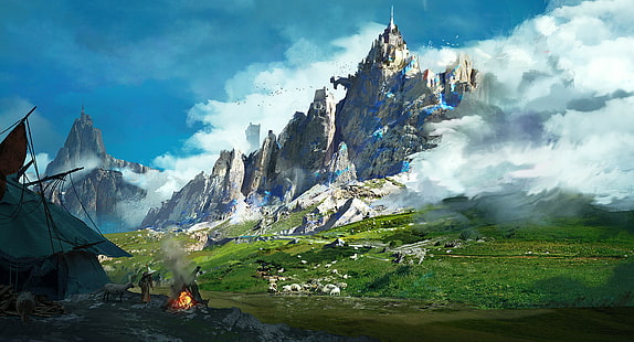 krajobraz, góry, dzieła sztuki, sztuka cyfrowa, sztuka fantasy, Tapety HD HD wallpaper