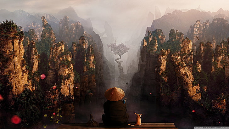personne portant chapeau brun devant les montagnes illustration, art fantastique, Fond d'écran HD