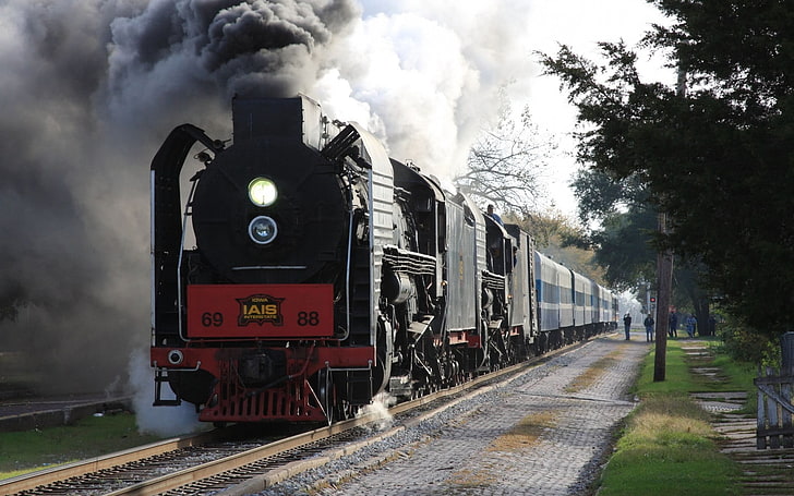 black and red train, steam locomotive, railway, smoke, train, outdoors, HD wallpaper