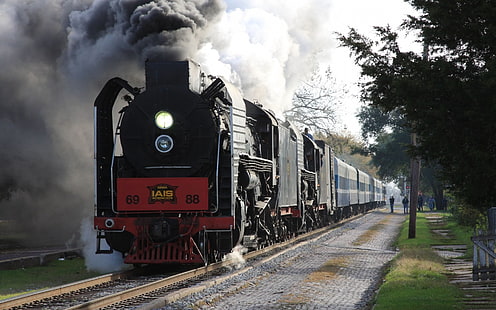 black and red train, steam locomotive, railway, smoke, train, outdoors, HD wallpaper HD wallpaper