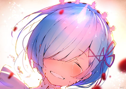 Рем, слезы, грустная улыбка, один глаз, Re: ноль кара Hajimeru Isekai Seikatsu, аниме, HD обои HD wallpaper